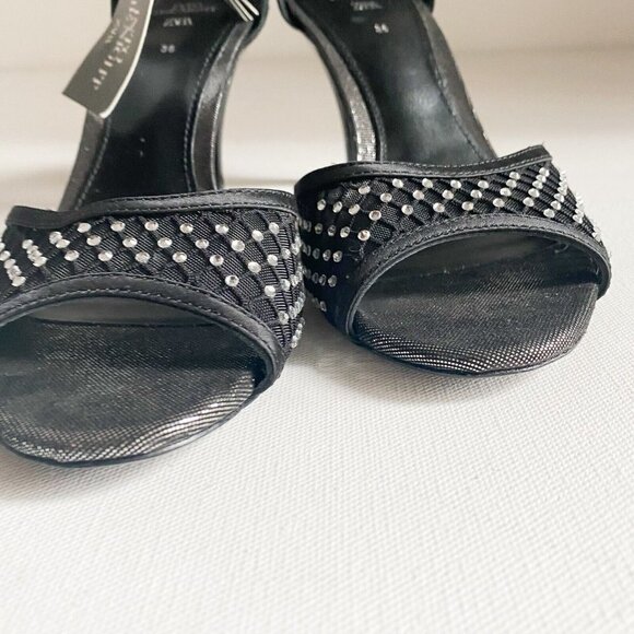 Zara  Into the Night Black Mesh Rhinestone Open Toe Sexy Heels 36 NWT - Picture 7 of 8